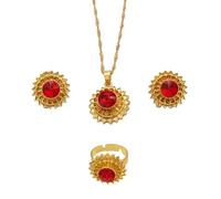 Générique For Ethiopian Flower Necklace Pendants Earrings Ring 3pcs Set with Red Stone Gold Color Women Traditional Jewelry African Bridal Sets Wedding Party