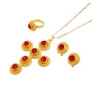 Générique For Ethiopian Red Stone Cross Necklace Pendants Earrings Ring 3pcs Set Gold Color Women Traditional Jewelry African Bridal Sets Wedding Party (Red)