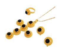 Générique For Ethiopian Red Stone Cross Necklace Pendants Earrings Ring 3pcs Set Gold Color Women Traditional Jewelry African Bridal Sets Wedding Party (Black)
