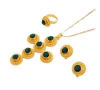 Générique For Ethiopian Red Stone Cross Necklace Pendants Earrings Ring 3pcs Set Gold Color Women Traditional Jewelry African Bridal Sets Wedding Party (Green)