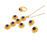 Générique For Ethiopian Red Stone Cross Necklace Pendants Earrings Ring 3pcs Set Gold Color Women Traditional Jewelry African Bridal Sets Wedding Party (Blue)