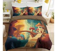 Générique Forêt Fantastique Housse de Couette Conte Fées Maison Champignon Pont Parure de Lit 140 x 200 cm Marron Housse de Couette pour Garçons Filles Ados Chambre Décor avec 1 Taie d'oreiller