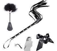 Générique Fouet en Cuir Noir à Pompon - Bâton à chatouilles en Plumes - Masque en Soie pour Les Yeux Combo 3 pièces