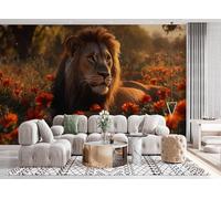 Générique Fresque Murale 3D Relief 200x140 cm Lion Papier Peint Intissé Mat Déco Murale Animaux Fleurs Prairies Moderne Salon Chambre Enfant 25A-25