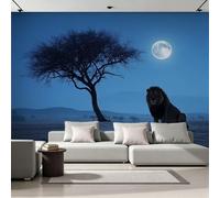 Générique Fresque Murale 3D Relief 200x140 cm Lion Papier Peint Intissé Mat Déco Murale Lune Grand Arbre Vue Nocturne Moderne Salon Chambre Enfant 22A-10