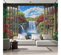 Générique Fresque Murale 3D Relief 350x256 cm Vue Par Fenêtre Papier Peint Intissé Mat Déco Murale Fleurs Cascade Moderne Salon Chambre Enfant 22A-43