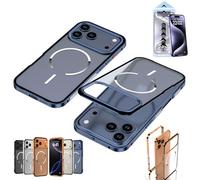 Générique FrostEdge Metal Frame Case for iPhone 14-17 Pro Max, Matte Translucent Bumper Cover,Ultra-Thin Metal Frame Heat Magnetic Charging Dissipation Case (Dark Blue,17Air)