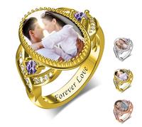 Générique Für immer Liebe - Ovaler Fotoring, Kupferring mit Namensgravur, personalisierte ovale Fotoringe mit 2 Geburtssteinen, Geschenk für Sie und Ihn (Gold)