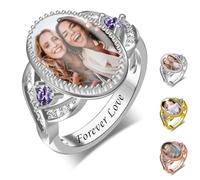 Générique Für immer Liebe - Ovaler Fotoring, Kupferring mit Namensgravur, personalisierte ovale Fotoringe mit 2 Geburtssteinen, Geschenk für Sie und Ihn (Silver)