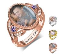 Générique Für immer Liebe - Ovaler Fotoring, Kupferring mit Namensgravur, personalisierte ovale Fotoringe mit 2 Geburtssteinen, Geschenk für Sie und Ihn (Rose Gold)