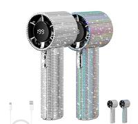 Générique Full Diamond Portable Handheld Turbo Fan, Rhinestone Rhinestone Handheld Fan, Digital Display Mini USB Fan with 1800mAh Battery, Quiet High-Speed Motor (Silver Colored 2 pcs)