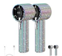 Générique Full Diamond Portable Handheld Turbo Fan, Rhinestone Rhinestone Handheld Fan, Digital Display Mini USB Fan with 1800mAh Battery, Quiet High-Speed Motor (Colored 2 pcs)