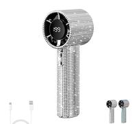 Générique Full Diamond Portable Handheld Turbo Fan, Rhinestone Rhinestone Handheld Fan, Digital Display Mini USB Fan with 1800mAh Battery, Quiet High-Speed Motor (Silver 1 pcs)
