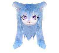 Générique Furry Head, Animal Cat Masque Big Eyes Long Hair, Realistic Plush Costume Prop with Life like Features for Cosplay, Halloween Party, Masquerade, Anime Convention Events, Blue
