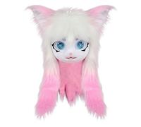 Générique Furry Head, Animal Cat Masque Big Eyes Long Hair, Realistic Plush Costume Prop with Life like Features for Cosplay, Halloween Party, Masquerade, Anime Convention Events Pink