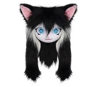 Générique Furry Head, Animal Cat Masque Big Eyes Long Hair, Realistic Plush Costume Prop with Life like Features for Cosplay, Halloween Party, Masquerade, Anime Convention Events, Black
