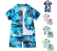 Générique Garçon Chemise Hawaïenne et Short Ensemble d'été imprimé Arbre à Noix de Coco Tenue de Plage Vacances Enfants Chemises à Manches Courtes pour Enfants