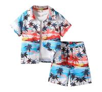 Générique Garçon Chemise Hawaïenne et Short Ensemble d'été imprimé Arbre à Noix de Coco Tenue de Plage Vacances Enfants Chemises à Manches Courtes pour Enfants