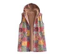 Générique Gilet à Capuche Polaire Femme Manteaux Sans Manches Hiver Imprimés Vintage en Peluche Doublée avec Fermeture éclair pour Femme Veste Rétro Grande Taille en Velours Jaune terreux L