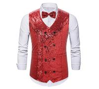Générique Gilet à Paillette Homme Veste Costume sans Manches Slim Fit Gilet Blazer Brillant Ensemble Gilet + Noeud Papillon Paillette pour Soirée Disco Mariage Cérémonie Fête Danse Party