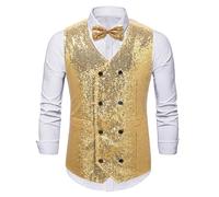 Générique Gilet à Paillette Homme Veste Costume sans Manches Slim Fit Gilets sans Manch pour Soirée Disco Mariage Cérémonie Fête Danse Party Scène Affaire + Nœud Papillon
