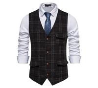 Générique Gilet Classique En Tweed À Carreaux Formel, Gilet De Costume Décontracté Avec Poche, Coupe Slim, Veste Vintage Sans Manches, Noir, L