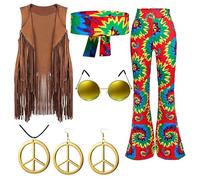 Générique Gilet Court Pour Robe Vêtements rétro de fête pour femmes, des années 70, gilet à pompon, pantalon, d'oreilles, lunettes, collier, ensemble Six pièces Bague Pour Petites Filles (Green, XXL)