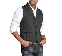 Générique Gilet De Costume Décontracté Pour Hommes Classique Veste Homme Noir Cowboy Coupe Droite Jacquard Sans Manches Travail Motif Chevrons Tweed Mariage Lavallière Le Affaires Manche