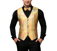 Générique Gilet De Costume Homme Paillette,Gilet Disco Brillant sans Manches avec NœUd Papillon Tenue De SoiréE éLéGante à Paillettes MéTalliques pour BoîTe De Nuit (Gold, L)