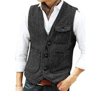 Générique Gilet En Tweed À Chevrons Pour Homme, Veste Décontractée Sans Manches, Gilet Simple Boutonnage Avec Poche, Vests Western Coupe Slim Vintage, Tissu Traditionnel Noir L