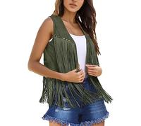 Générique Gilet Femme Bohème en Faux Daim Ouvert Avant Style Années 70 sans Manches Veste Western Hippie pour Rétro (Green, M)