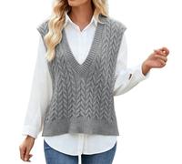 Générique Gilet sans Manches en Maille pour Femme Col V Pull Classique À Torsades Coupe Ample et Élégante Idéal pour Superposer Style Preppy Au Bureau Ou Décontracté Gris Taille XL