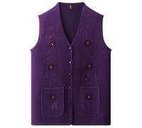 Générique Gilet sans Manches en Maille pour Femme Style Maman Âgée Brodé De Fleurs avec Poches Col en V et Boutons Idéal pour Superposer Les Vêtements en Automne et en Hiver Violet Taille M.
