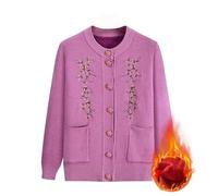 Générique Gilet Tricoté pour Femme D'Âge Mûr, Doublé Polaire, Col Rond Brodé, Style Grand-Mère, Doux Et Chaud, Idéal pour L'Automne Et l'hiver, Violet Clair, Taille L.