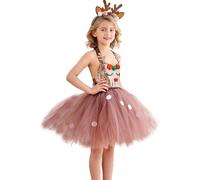 Générique Girls Deer Tutu Dresses Cosplay | Girls Glitter Brown Tutu Dress With Reindeer Antler Headbands,Christmas Party Outfit,Festive Design And Complete Set, For Role-Play, Celebration, Dance