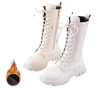 Générique Girls Lace Up Riding Boots, girls white boots, Mid Calf Combat Boots,Waterproof PU Leather Fashion Side Zipper Punk Goth Boot 4-12 Years (White Velvet,29)
