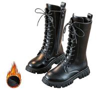 Générique Girls Lace Up Riding Boots, girls white boots, Mid Calf Combat Boots,Waterproof PU Leather Fashion Side Zipper Punk Goth Boot 4-12 Years (Black Velvet,35)