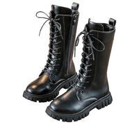 Générique Girls Lace Up Riding Boots Mid Calf Combat Boot, Fashion Waterproof PU Leather Side Zipper Punk Goth Boot 4-12 Years (Black-No Plush,1.5)