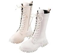 Générique Girls Lace Up Riding Boots Mid Calf Combat Boot, Fashion Waterproof PU Leather Side Zipper Punk Goth Boot 4-12 Years (White-No Plush,1.5)