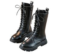 Générique Girls Lace Up Riding Boots Mid Calf Combat Boots, Fashion PU Leather Side Zipper Punk Goth Bootfor Toddler Little Kid Big Kid (Black Velvet,32)