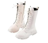 Générique Girls Lace Up Riding Boots Mid Calf Combat Boots, Fashion PU Leather Side Zipper Punk Goth Bootfor Toddler Little Kid Big Kid (White Velvet,33)