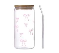 Générique Glasbecher mit Strohhalm und Deckel - 500 ml Niedliche Flasche mit Schleife | Tasse - Für Eiskaffee Cocktail Tee Trinkwasser | Jugend Mädchen Hausbar Trinkbecher