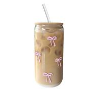 Générique Gobelet En Verre Avec Paille Et Couvercle - 500ml Gobelet Mignon avec Noeud,Bocal De Boisson - Pour Café Glacé, Cocktail, Thé, Eau De Boisson, Filles Adolescentes, Bar À
