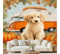 Générique Golden Retriever Chiot Papier Peint 3D Effet Chien Voiture Citrouille Papier Adhesif 200x150 cm pour Salon Chambre Adhesif Mural Decoratif