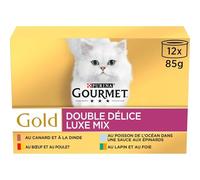 générique Gourmet - Pâtée Double Saveur pour Chat Adulte, Bouchées Tendre en Sauce Variées (12x85g) - Le Lot de 3
