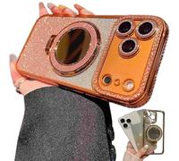 Générique Gradient Glitter Holder Makeup Mirror Protective Case for iPhone 17 Series, Magnetic Kickstand Glitter Case with Camera Protector for iPhone 17/16/15/14/13pro Max (15Pro,Orange)