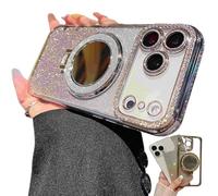 Générique Gradient Glitter Holder Makeup Mirror Protective Case for iPhone 17 Series, Magnetic Kickstand Glitter Case with Camera Protector for iPhone 17/16/15/14/13pro Max (17Air,Silver)