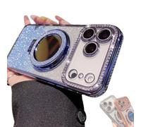 Générique Gradient Glitter Holder Makeup Mirror Protective Case for iPhone 17 Series, Rhinestone Gradient Case with Lens Protector and Stand for 16/15/14 Pro Max (14 Pro Max,Blue)