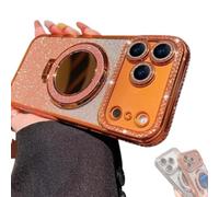 Générique Gradient Glitter Holder Makeup Mirror Protective Case for iPhone 17 Series, Rhinestone Gradient Case with Lens Protector and Stand for 16/15/14 Pro Max (14 Pro,Orange)