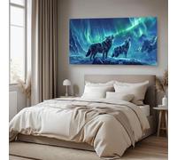 Générique Grand Tableau Decoration Murale Sauvage Loup Noir Impression sur Toile Aurore Boréale Poster Mural Bleu vert Affiche Colorée Décoration Murale Chambre Bureau Sans Cadre 60x120 cm